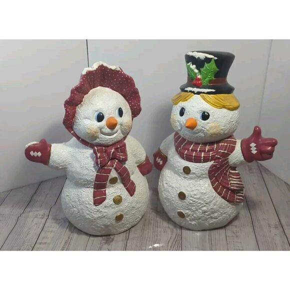 Vintage Large 1990 Holland Ceramic Hand Painted Glitter Snowman Couple 15” - Picture 2 of 12